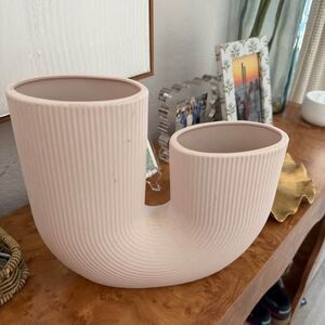 Light Pink Fluted Ceramic Arch Vase Modern Sculptural Decor